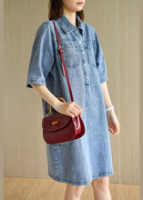 Load image into Gallery viewer, Casual Denim Blue Peter Pan Collar Pockets Summer Cotton Mid Dress Half Sleeve