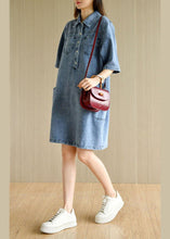 Load image into Gallery viewer, Casual Denim Blue Peter Pan Collar Pockets Summer Cotton Mid Dress Half Sleeve