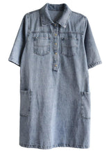 Load image into Gallery viewer, Casual Denim Blue Peter Pan Collar Pockets Summer Cotton Mid Dress Half Sleeve