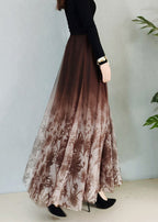 Casual Embroideried Floral Elastic Waist Tulle A Line Skirt Spring