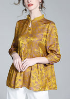 Casual Gold Stand Collar Print Button Silk Tops Long Sleeve
