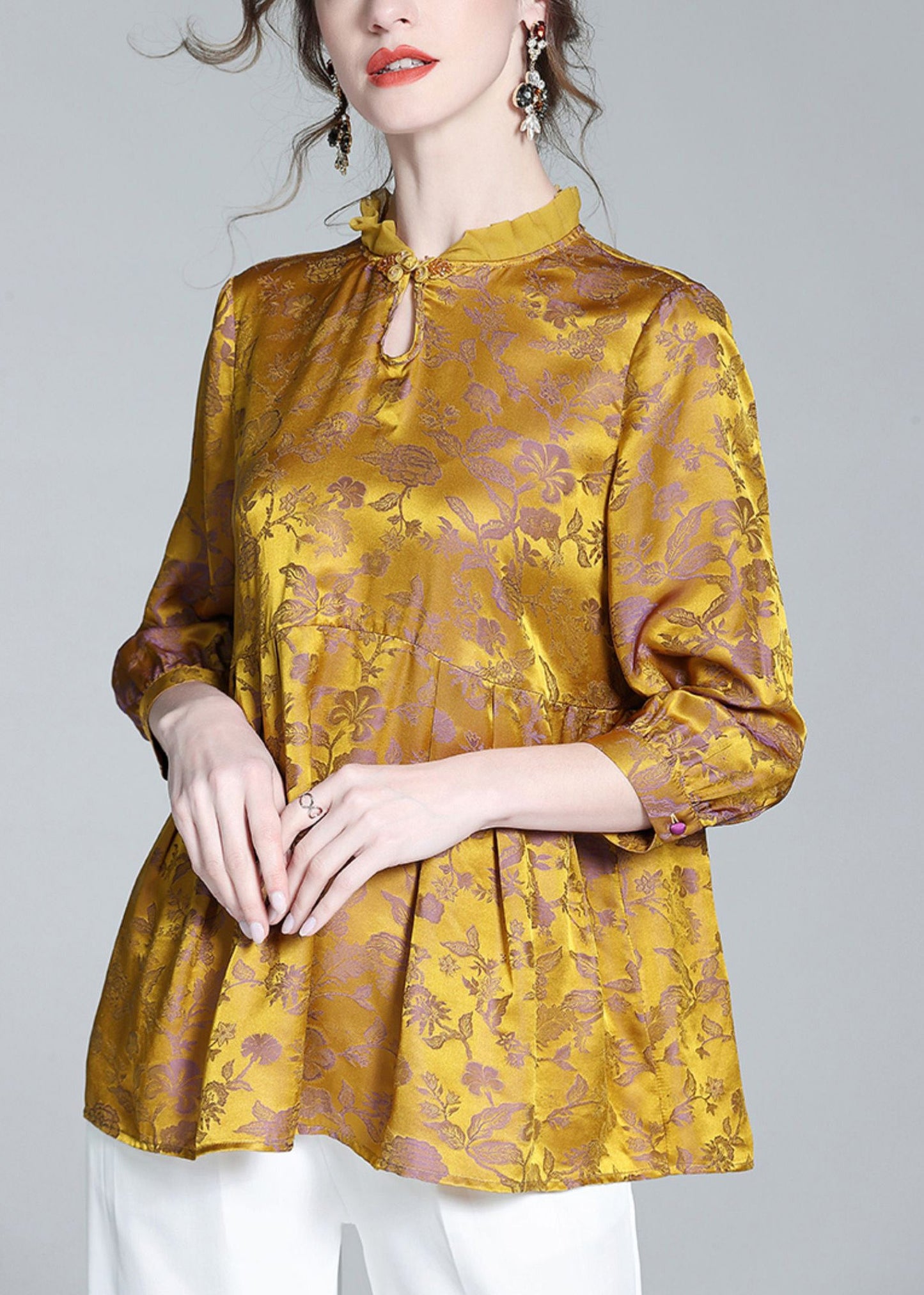 Casual Gold Stand Collar Print Button Silk Tops Long Sleeve