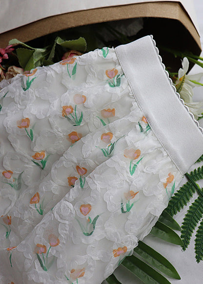 Casual Green Floral Elastic Waist Tulle Maxi Skirt Spring