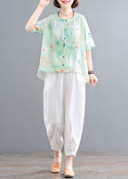 Casual Green O-Neck Button Wrinkled Print Cotton Shirts Half Sleeve