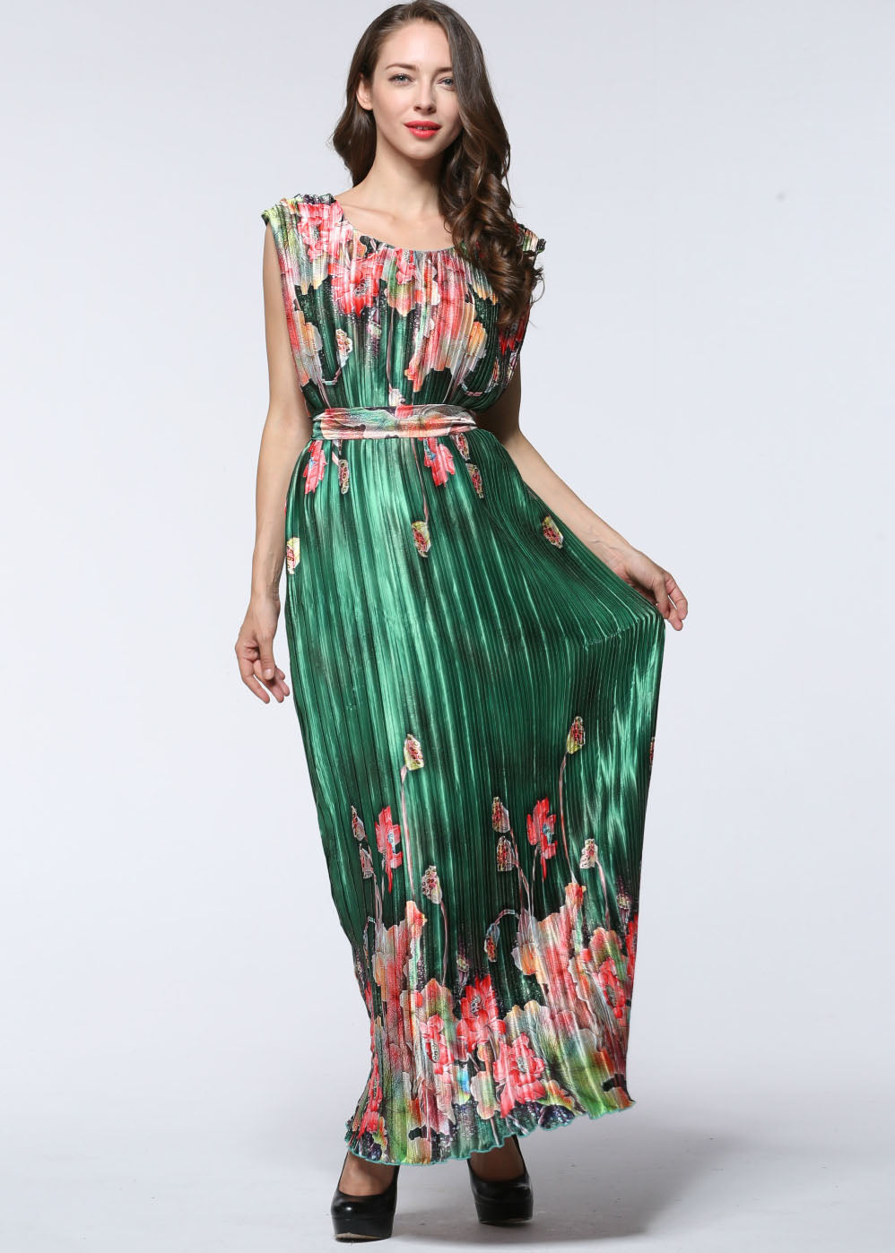 Casual Green O-Neck Print Tie Waist Silk Maxi Dress Summer