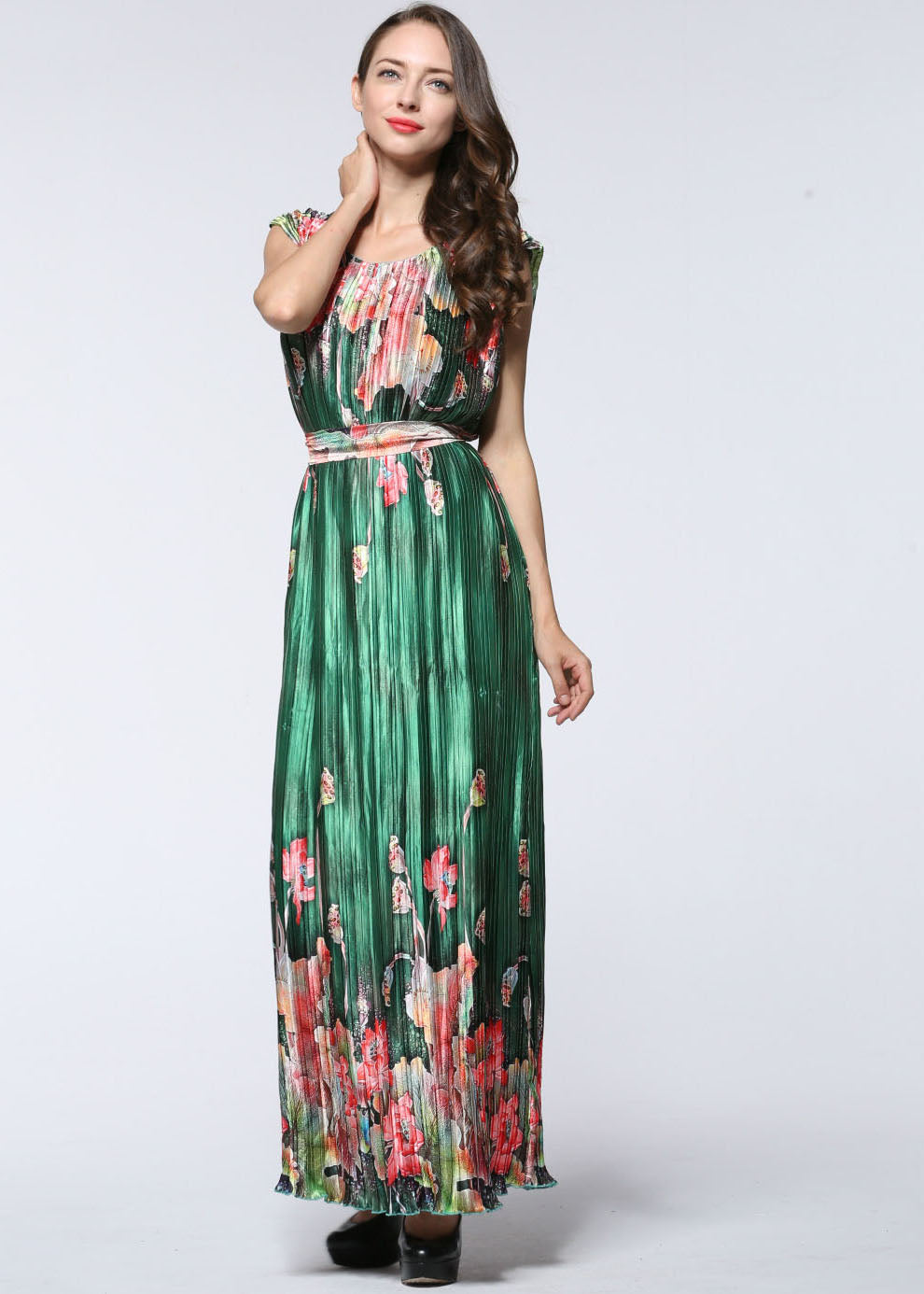 Casual Green O-Neck Print Tie Waist Silk Maxi Dress Summer