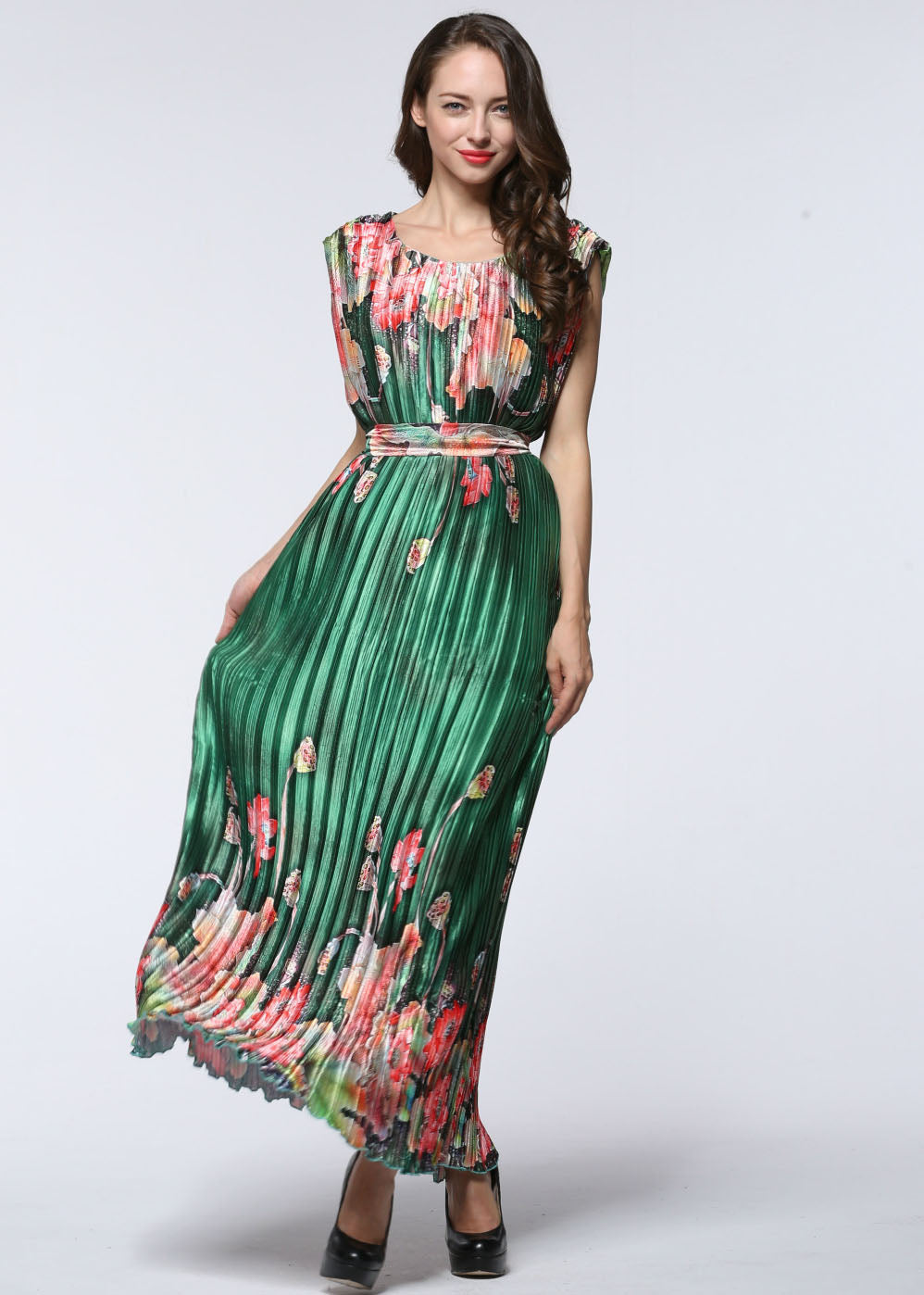 Casual Green O-Neck Print Tie Waist Silk Maxi Dress Summer