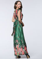 Casual Green O-Neck Print Tie Waist Silk Maxi Dress Summer