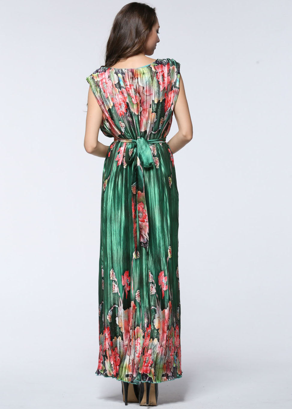 Casual Green O-Neck Print Tie Waist Silk Maxi Dress Summer