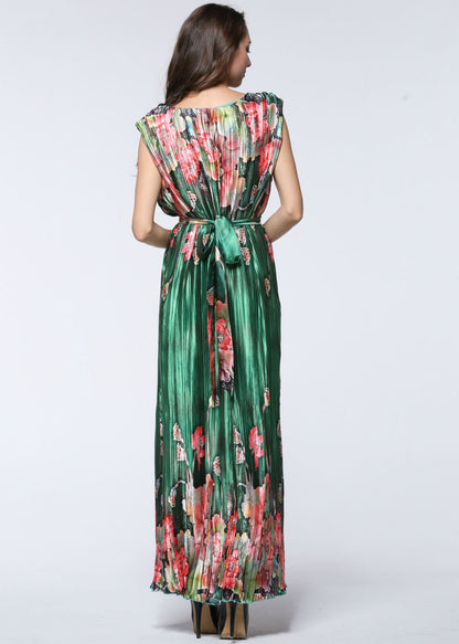 Casual Green O-Neck Print Tie Waist Silk Maxi Dress Summer