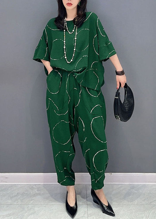 Casual Green O-Neck Print Tops And Pants Patchwork Cotton Two Pieces Set Summer
