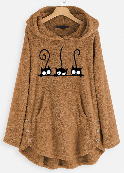 Casual Grey Hooded Print Pockets Patchwork Teddy Faux Fur Sweatshirt Long Sleeve
