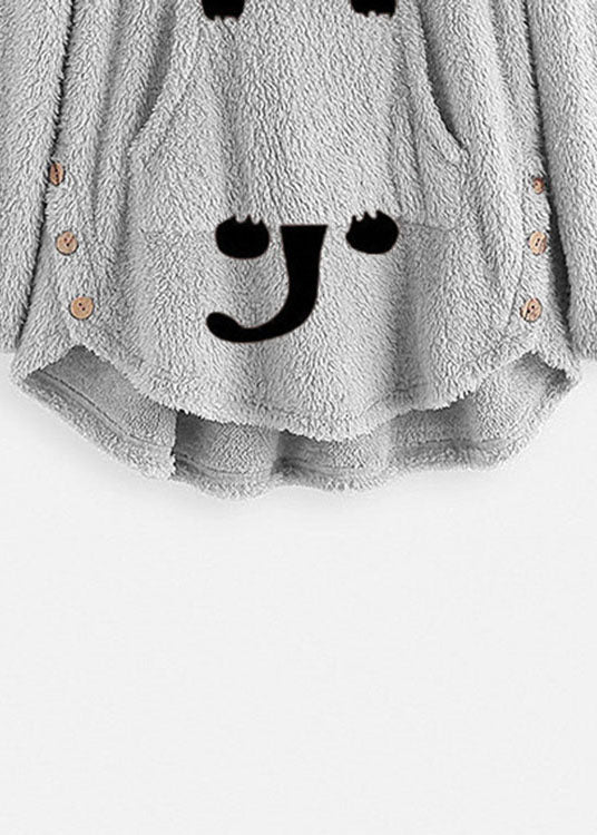 Casual Grey Hooded Print Pockets Patchwork Teddy Faux Fur Sweatshirt Long Sleeve