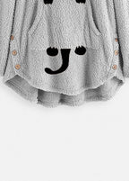 Casual Grey Hooded Print Pockets Patchwork Teddy Faux Fur Sweatshirt Long Sleeve