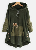 Casual Grey Hooded Print Pockets Patchwork Warm Fleece Coat Fall