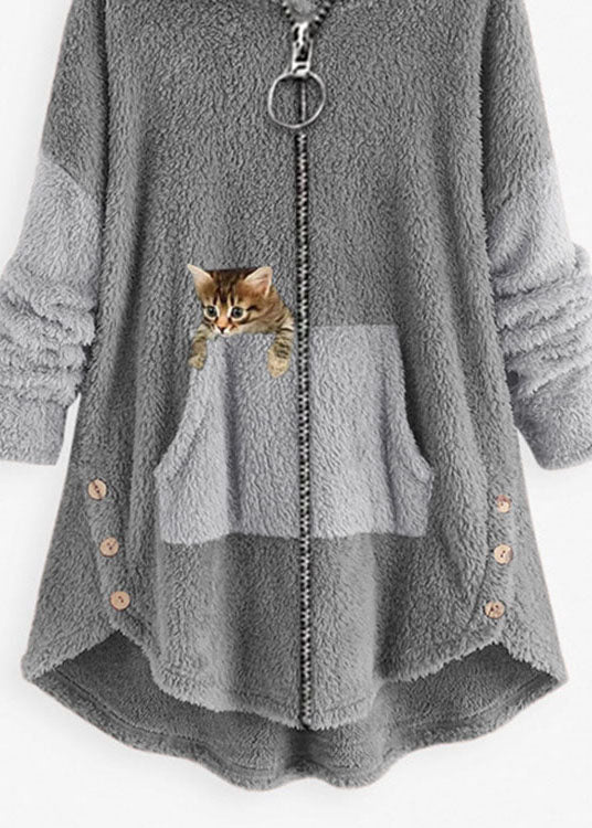 Casual Grey Hooded Print Pockets Patchwork Warm Fleece Coat Fall