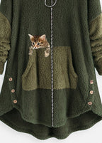 Casual Grey Hooded Print Pockets Patchwork Warm Fleece Coat Fall