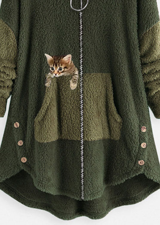 Casual Grey Hooded Print Pockets Patchwork Warm Fleece Coat Fall