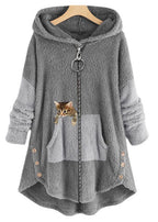Casual Grey Hooded Print Pockets Patchwork Warm Fleece Coat Fall
