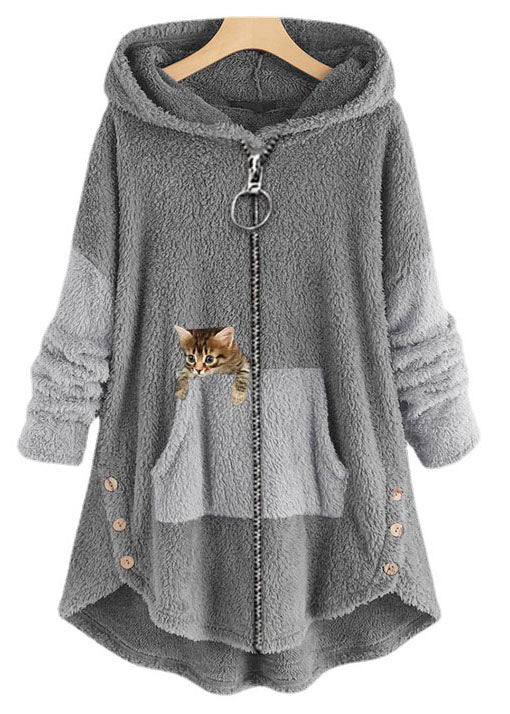 Casual Grey Hooded Print Pockets Patchwork Warm Fleece Coat Fall