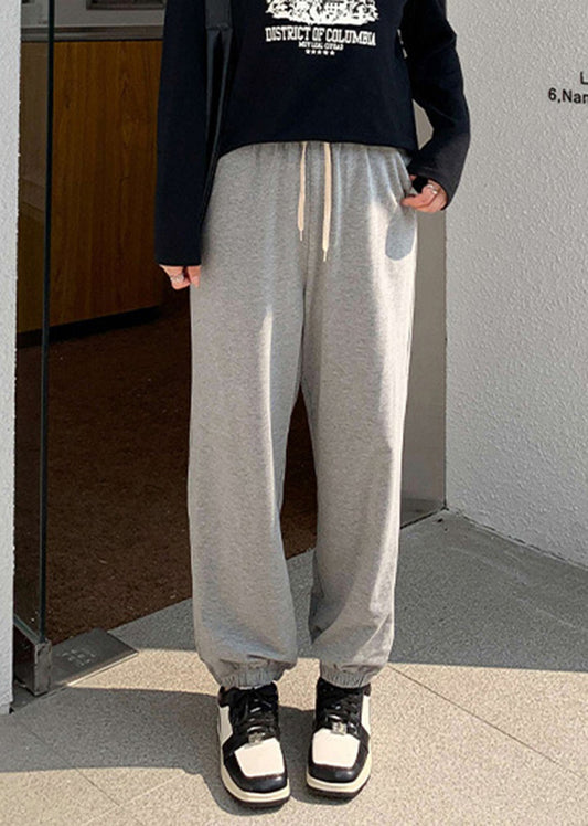 Casual Grey Oversized Drawstring Cotton Sweatshirt Pants Fall