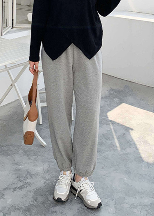 Casual Grey Oversized Drawstring Cotton Sweatshirt Pants Fall