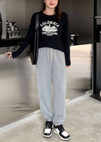 Casual Grey Oversized Drawstring Cotton Sweatshirt Pants Fall