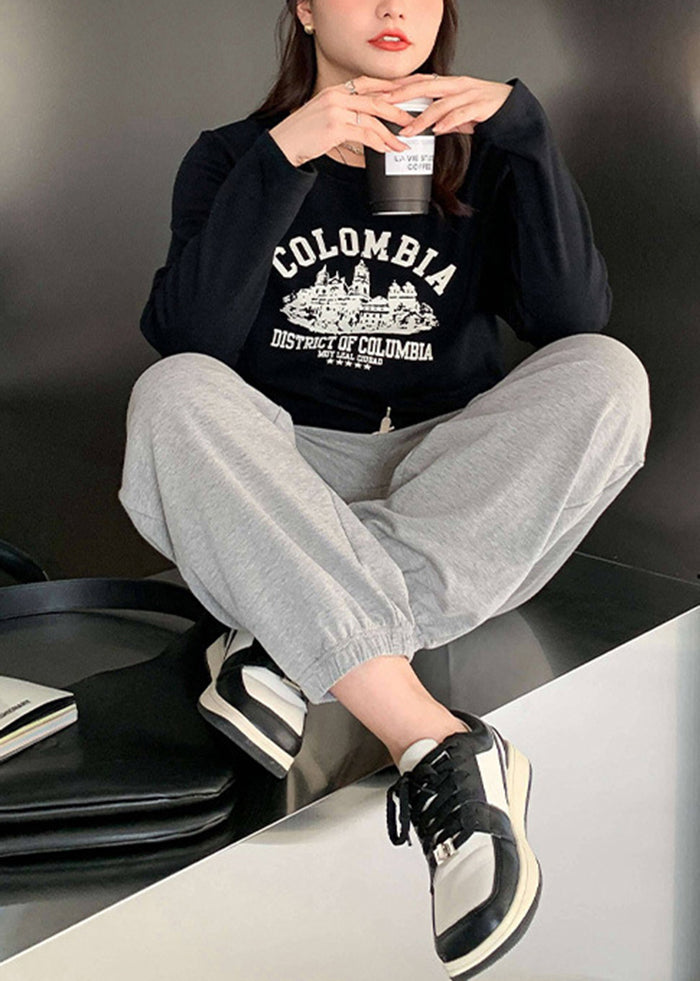 Casual Grey Oversized Drawstring Cotton Sweatshirt Pants Fall