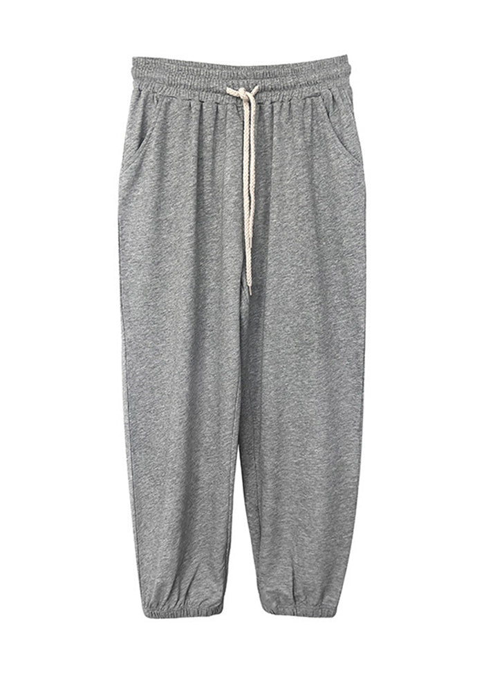 Casual Grey Oversized Drawstring Cotton Sweatshirt Pants Fall
