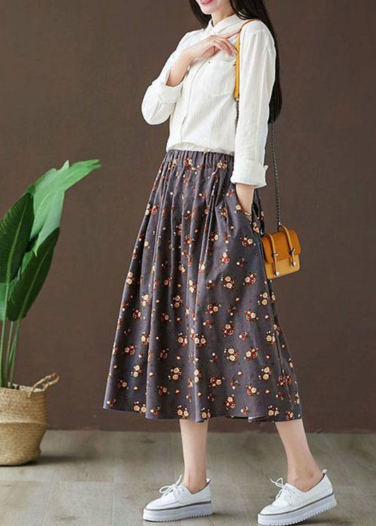 Casual Grey Pockets Print Fall A Line Skirt