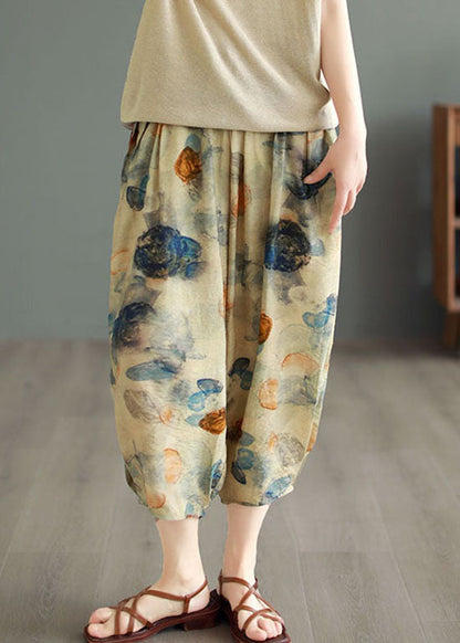 Casual Khaki Elastic Waist Pockets Print Patchwork Cotton Lantern Pants Summer