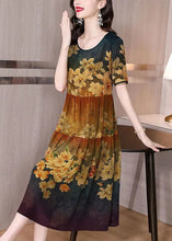 Load image into Gallery viewer, Casual Khaki O-Neck Patchwork Print Silk Long Dress Summer