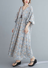 Load image into Gallery viewer, Casual Light Blue Print Wrinkled Long Dresses Lantern Sleeve