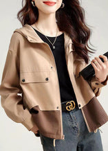 Load image into Gallery viewer, Casual Light Khaki Zip Up Patchwork Cotton Hooded Jacket Fall