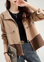 Load image into Gallery viewer, Casual Light Khaki Zip Up Patchwork Cotton Hooded Jacket Fall