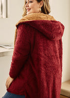 Casual Mulberry Patchwork Faux Fur Hooded Coat Fall