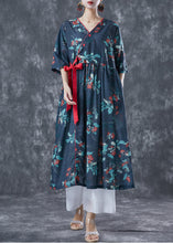 Load image into Gallery viewer, Casual Navy Oversized Print Lace Up Linen Dresses Summer