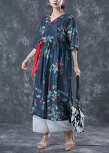 Load image into Gallery viewer, Casual Navy Oversized Print Lace Up Linen Dresses Summer