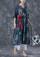Load image into Gallery viewer, Casual Navy Oversized Print Lace Up Linen Dresses Summer