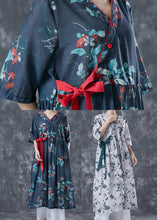 Load image into Gallery viewer, Casual Navy Oversized Print Lace Up Linen Dresses Summer