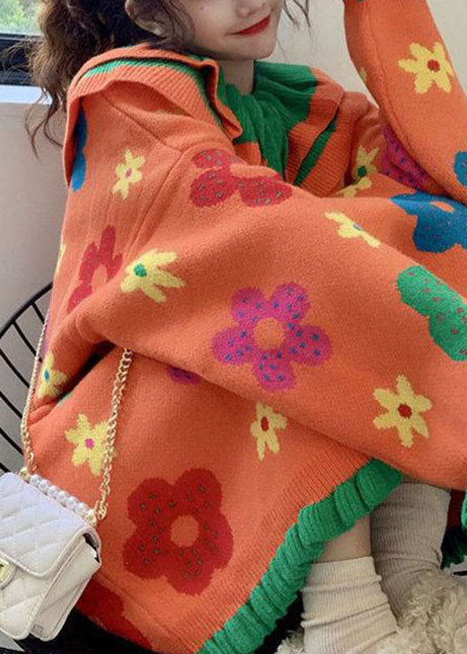 Casual Orange Peter Pan Collar Floral Knit Sweaters Winter