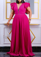 Casual Orange V Neck Patchwork Sashes Silk Wide Leg Jumpsuit Summer