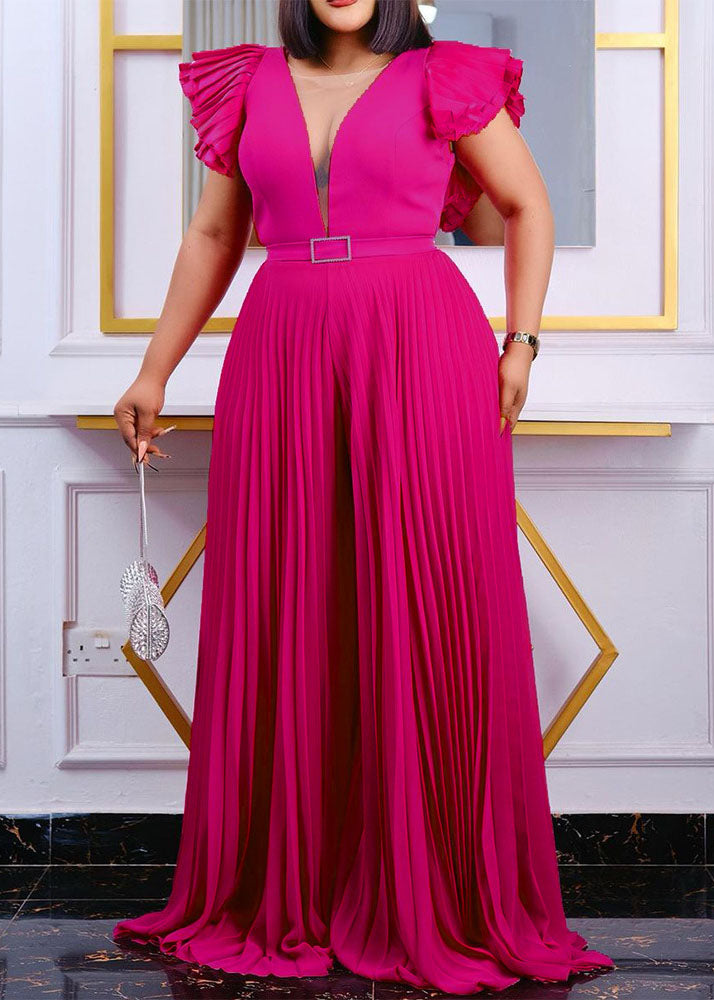 Casual Orange V Neck Patchwork Sashes Silk Wide Leg Jumpsuit Summer