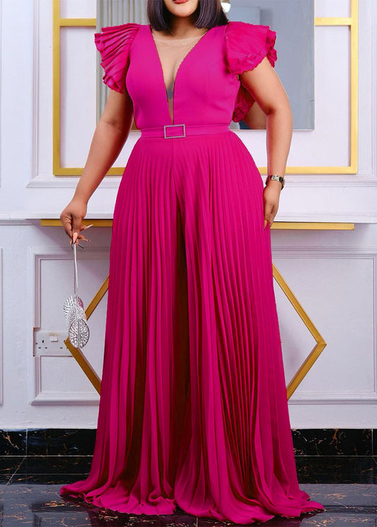 Casual Orange V Neck Patchwork Sashes Silk Wide Leg Jumpsuit Summer