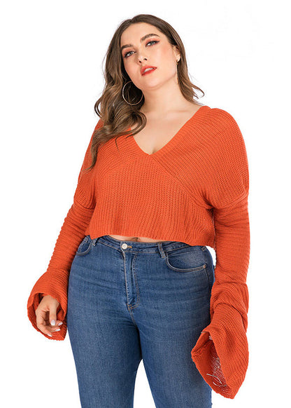 Casual Orange V Neck Solid Cozy Knit Sweater Fall