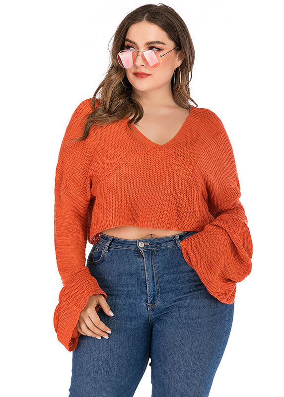 Casual Orange V Neck Solid Cozy Knit Sweater Fall