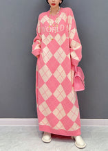Load image into Gallery viewer, Casual Pink O Neck Oversized Plaid Knit Long Dress Winter