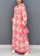 Load image into Gallery viewer, Casual Pink O Neck Oversized Plaid Knit Long Dress Winter