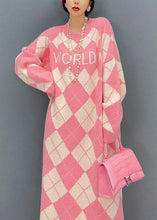 Load image into Gallery viewer, Casual Pink O Neck Oversized Plaid Knit Long Dress Winter