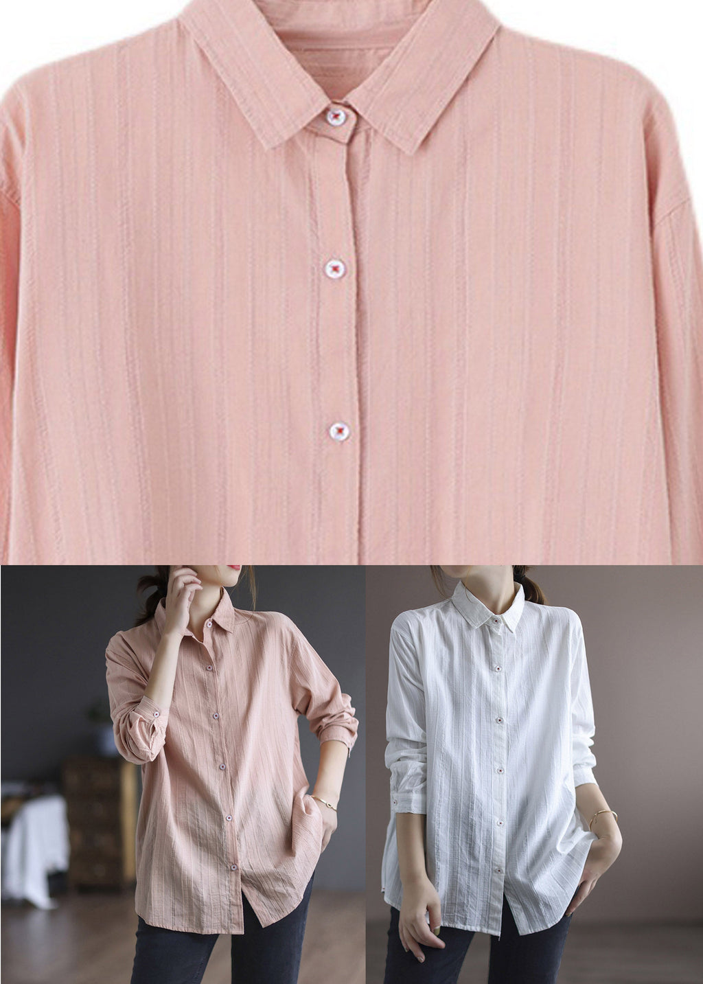 Casual Pink Peter Pan Collar Cotton Shirt Long Sleeve